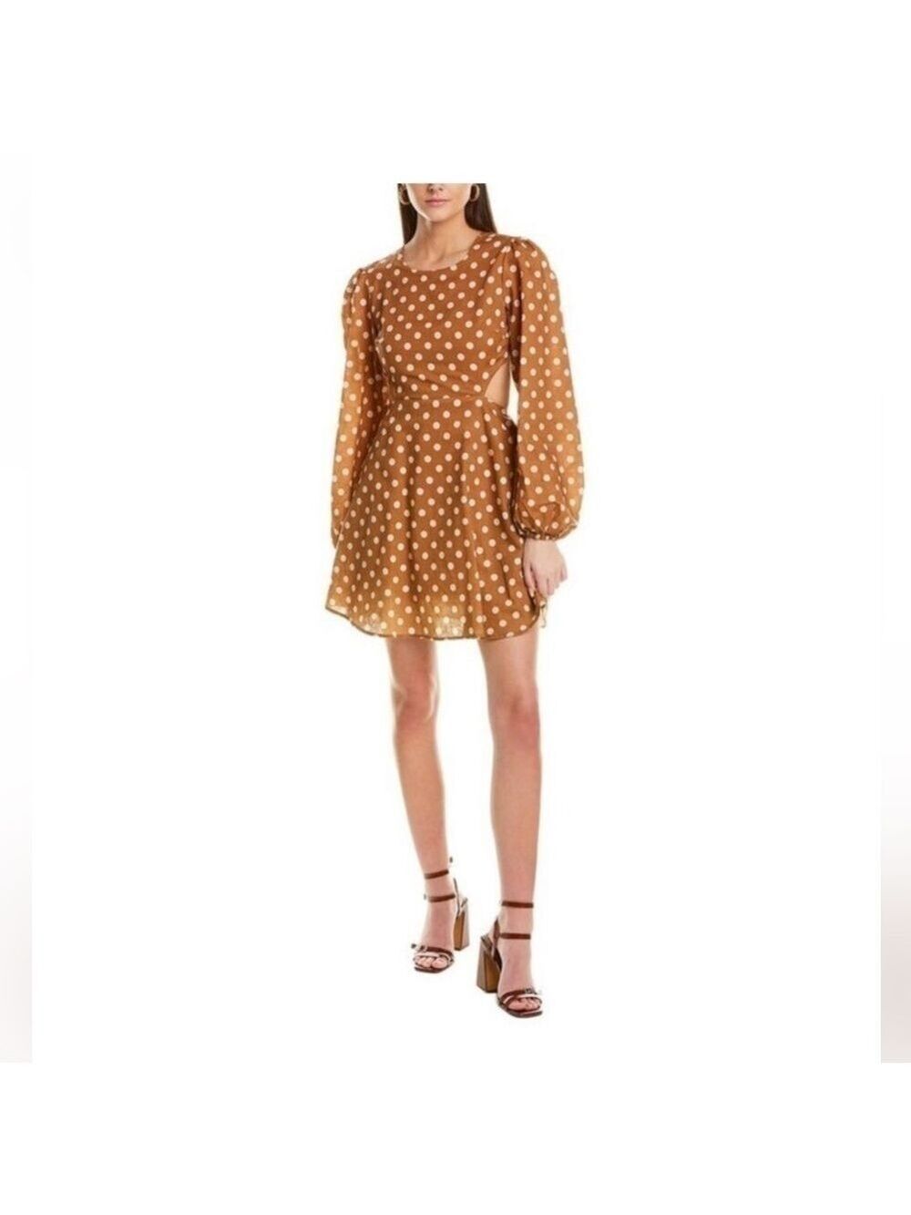NWT Charlie Holiday Halcyon Polka Dot Dress Caramel Tan Brown White Open Back